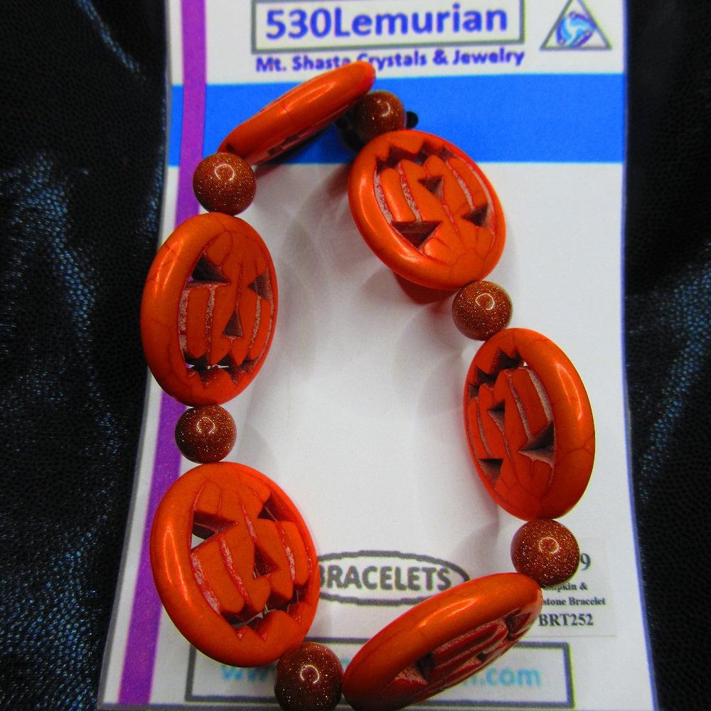Orange Howlite Jack O Lantern Pumpkins With Goldstone 7" Stretchy Bracelet